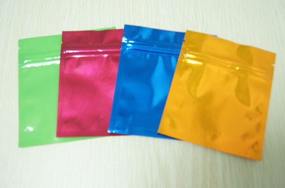 छोटे रंगीन एल्यूमीनियम पन्नी बैग Ziplock साथ ग्लॉसी तीन साइड सील Mylar फ्लैट